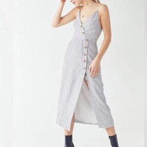 Urban Outfitters Amber Stripped Linen Blend Button Front Midi Dress
